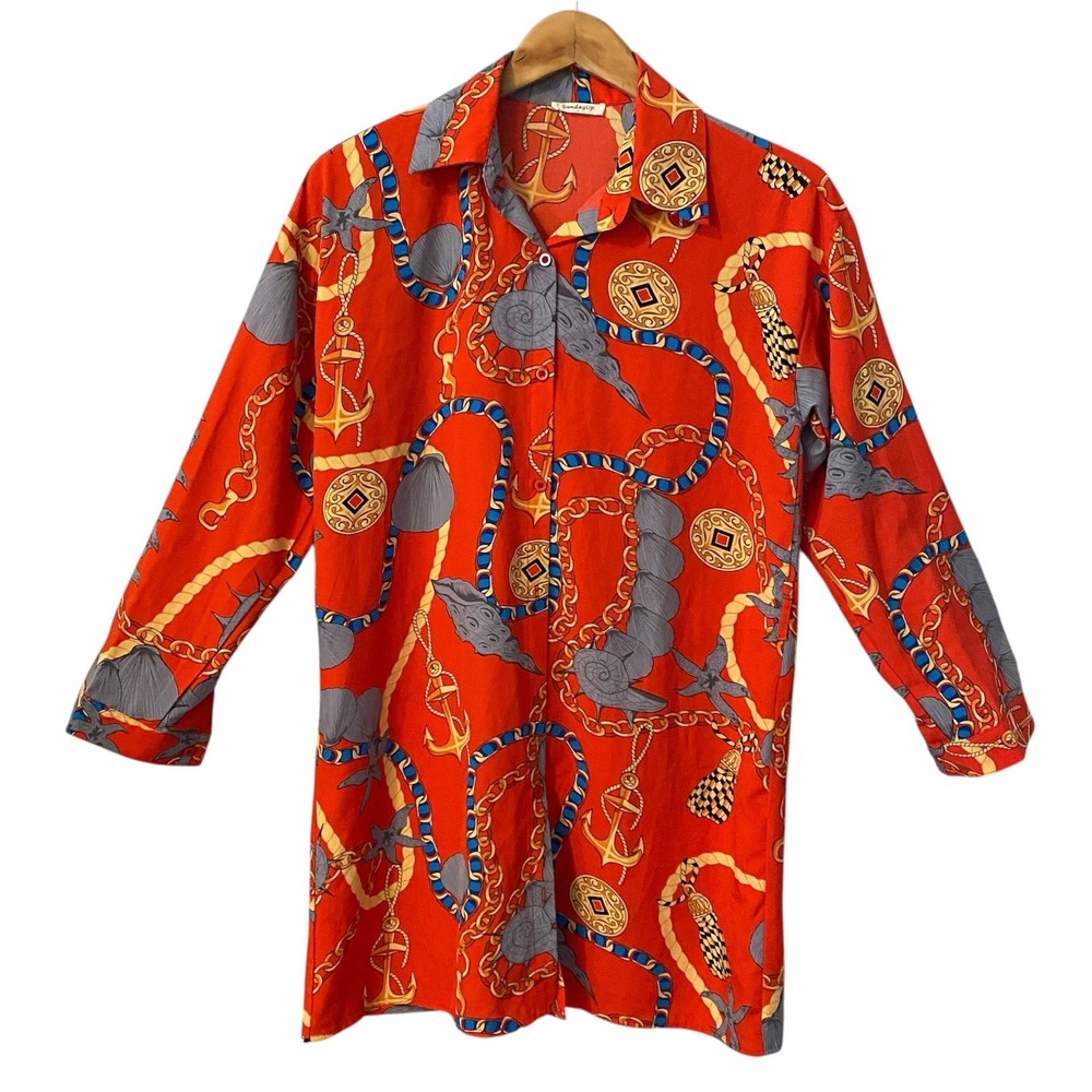 SundayUp‎ Red Nautical Print Button Up Shirt Dress Size Small